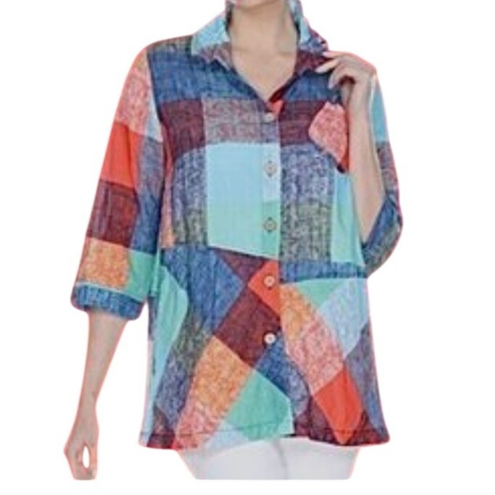 Terra SJ Apparel Lagenlook Patchwork Top XL Multi Color Cotton Blend Excellent